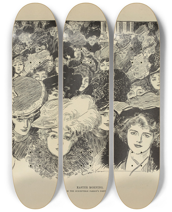 Triptych art skateboard deck of Charles Dana Gibson Easter Morning by Charles Dana Gibson (1867-1944)