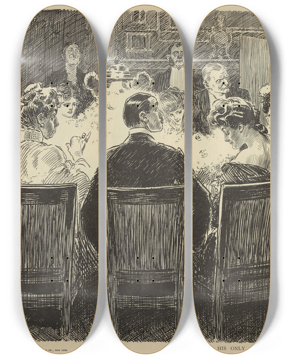 Triptych art skateboard deck of Charles Dana Gibson His Only Opportunity by Charles Dana Gibson (1867-1944)