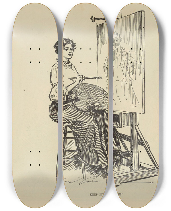 Triptych art skateboard deck of Charles Dana Gibson Keep Still Please by Charles Dana Gibson (1867-1944)