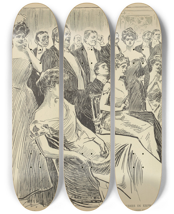 Triptych art skateboard deck of Charles Dana Gibson Studies In Expression Daubson Shows His Latest Work by Charles Dana Gibson (1867-1944)