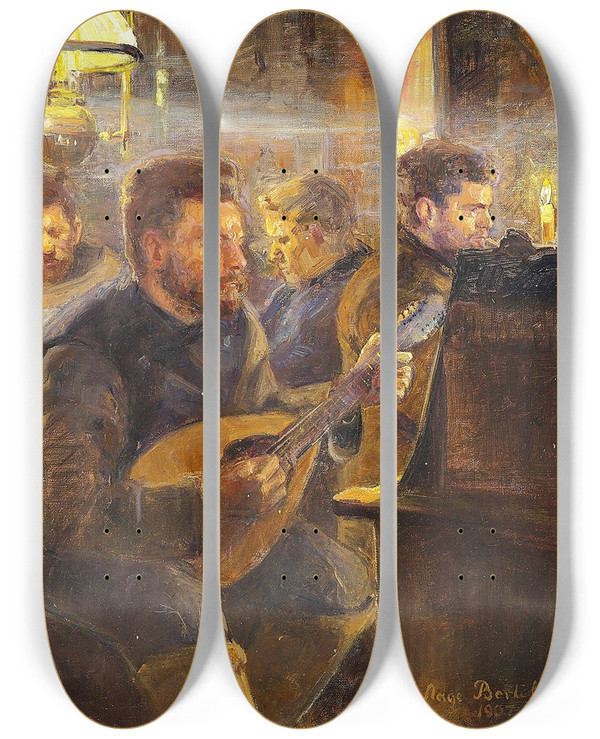Triptych art skateboard deck of Aage Bertelsen Aften I Messen by Aage Bertelsen (1873-1945)