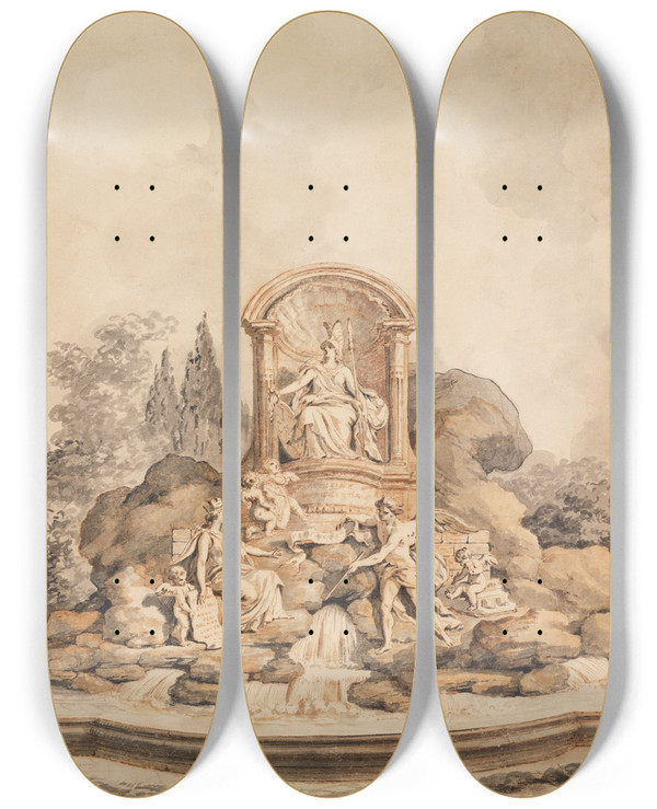 Triptych art skateboard deck of Augustin Pajou Project For A Monumental Fountain by Augustin Pajou (1730-1809)
