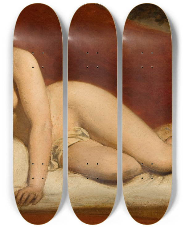 Triptych art skateboard deck of William Etty Reclining Nude by William Etty (1787-1849)
