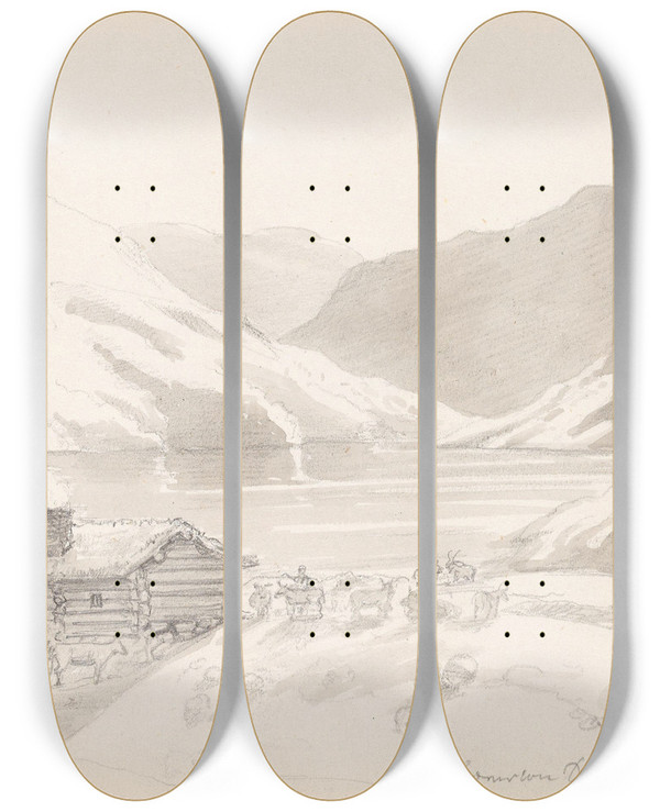 Triptych art skateboard deck of Adolph Tidemand Bvertun by Adolph Tidemand (1814-1876)
