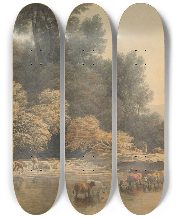 Triptych art skateboard deck of John Glover Hilly Landscape With River And Cattle by John Glover (1767-1849)