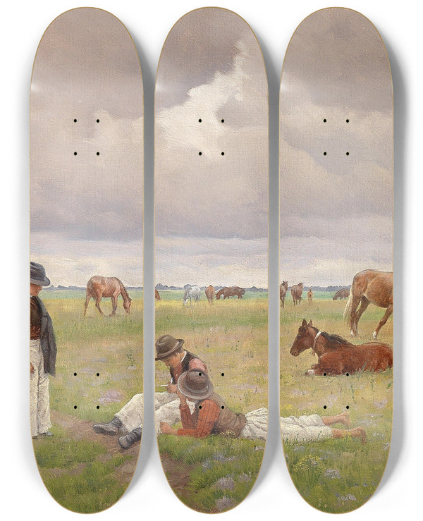 Triptych art skateboard deck of Hermann Reisz Junge Hirten In Der Puszta by Hermann Reisz (1865-1920)