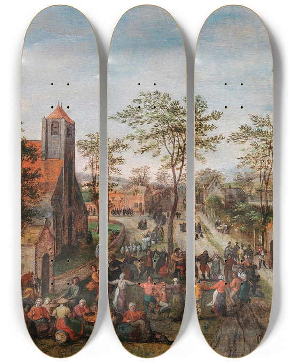 Triptych art skateboard deck of Jacob Grimmer A Village Kermesse by Jacob Grimmer (1525-1590)