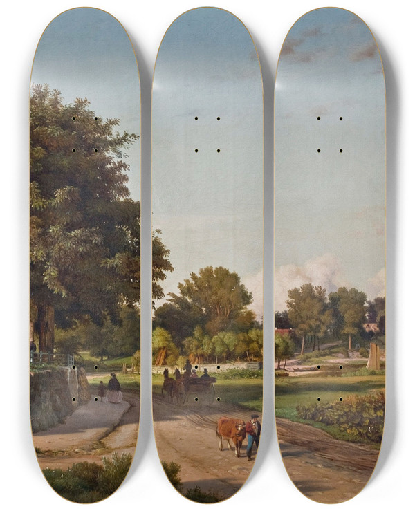 Triptych art skateboard deck of Louis Gurlitt Teufelsbrck Klein Flottbek by Louis Gurlitt (1812-1897)