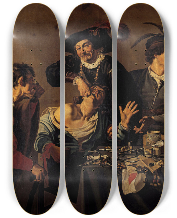 Triptych art skateboard deck of Theodoor Rombouts The Toothpuller by Theodoor Rombouts (1597-1637)