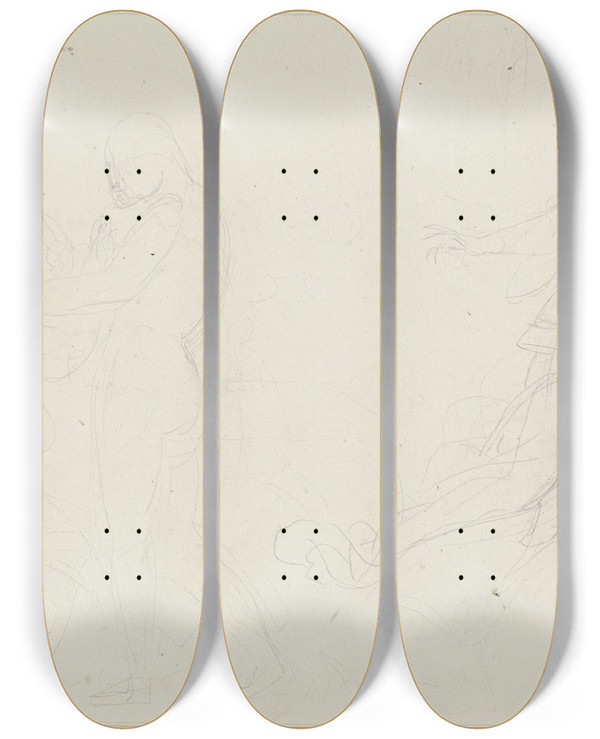 Triptych art skateboard deck of Peter Von Cornelius Auerbachs Keller Zu Leipzig Zwei Zecher Mephisto Und Faust by Peter Von Cornelius (1784-1867)