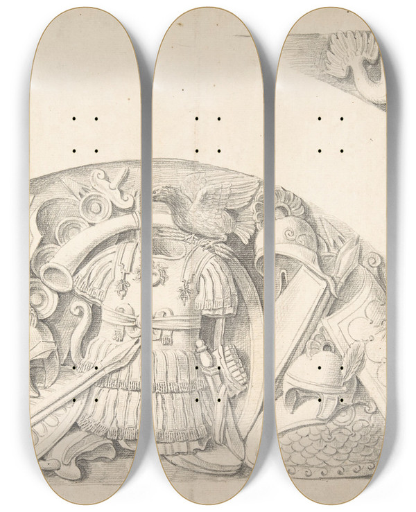 Triptych art skateboard deck of Thomas Hardwick Study Of Classical Ornament And Detail by Thomas Hardwick (1752-1829)