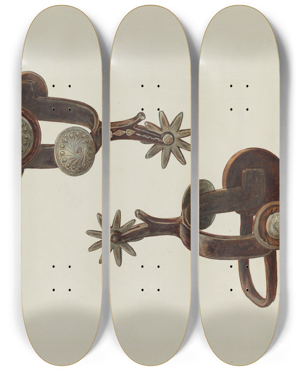 Triptych art skateboard deck of Cecil Smith Silver Dollar Spurs by Cecil Smith
