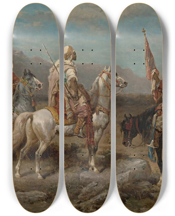 Triptych art skateboard deck of Adolf Schreyer The Raid by Adolf Schreyer (1828-1899)