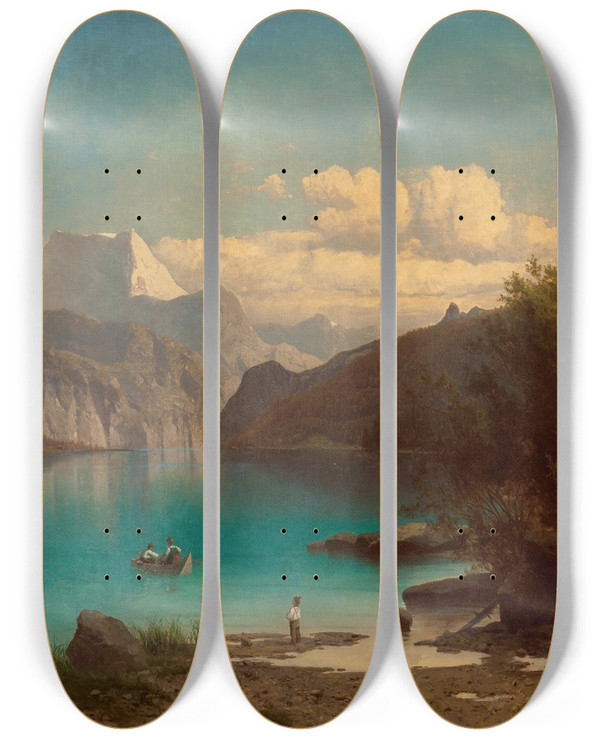 Triptych art skateboard deck of Franz Richard Unterberger Alpine Landscape by Franz Richard Unterberger (1838-1902)