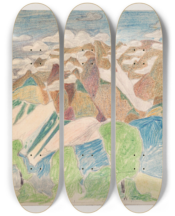 Triptych art skateboard deck of Reijer Stolk Mountain Landscape by Reijer Stolk (1896-1945)