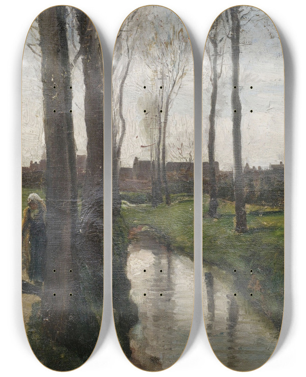 Triptych art skateboard deck of Jules Breton Landschaft Bei Courrires by Jules Breton (1827-1906)