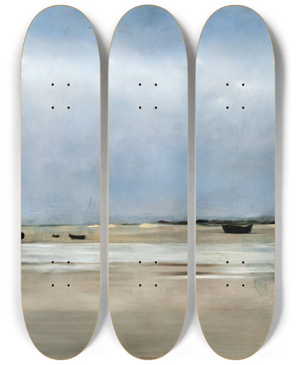 Triptych art skateboard deck of August Hagborg Shore With Boats by August Hagborg (1852-1921)