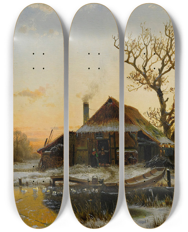 Triptych art skateboard deck of Johannes Bertholomus Duntze A Winter Twilight by Johannes Bertholomaus Duntze (1823-1895)