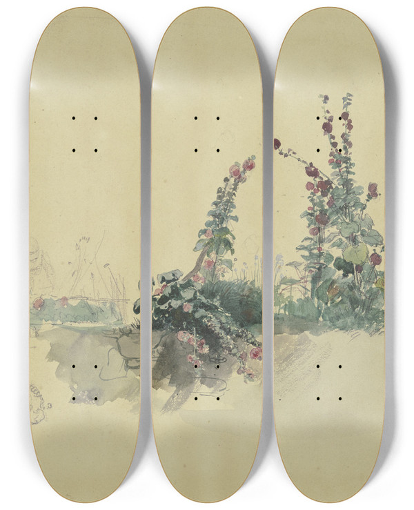Triptych art skateboard deck of Jakob Frchtegott Dielmann Two Hollyhocks by Jakob Furchtegott Dielmann (1809-1885)