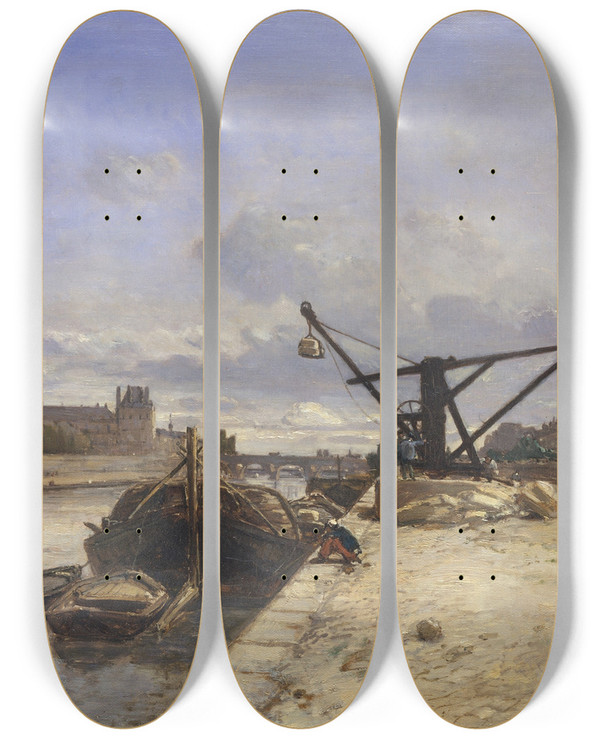 Triptych art skateboard deck of Johan Barthold Jongkind View From The Quai Dorsay by Johan Barthold Jongkind (1819-1891)