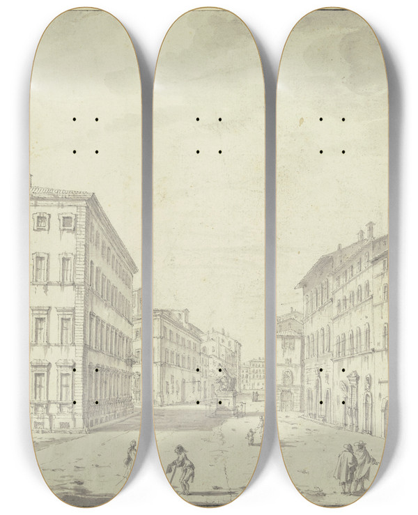 Triptych art skateboard deck of Giuseppe Zocchi Ansicht Eines Platzes Mit Einem Monument by Giuseppe Zocchi (1711-1767)