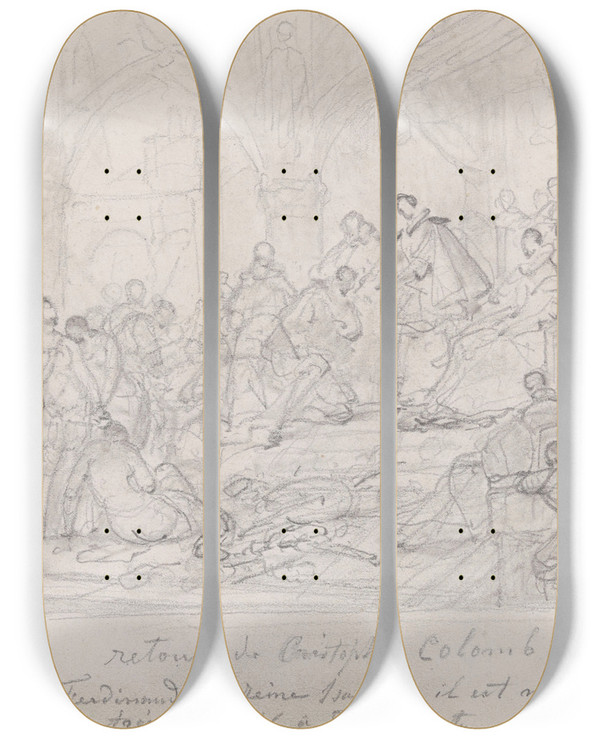 Triptych art skateboard deck of Nicaise De Keyser Christopher Columbus Return To Spain_1 by Nicaise De Keyser (1813-1887)