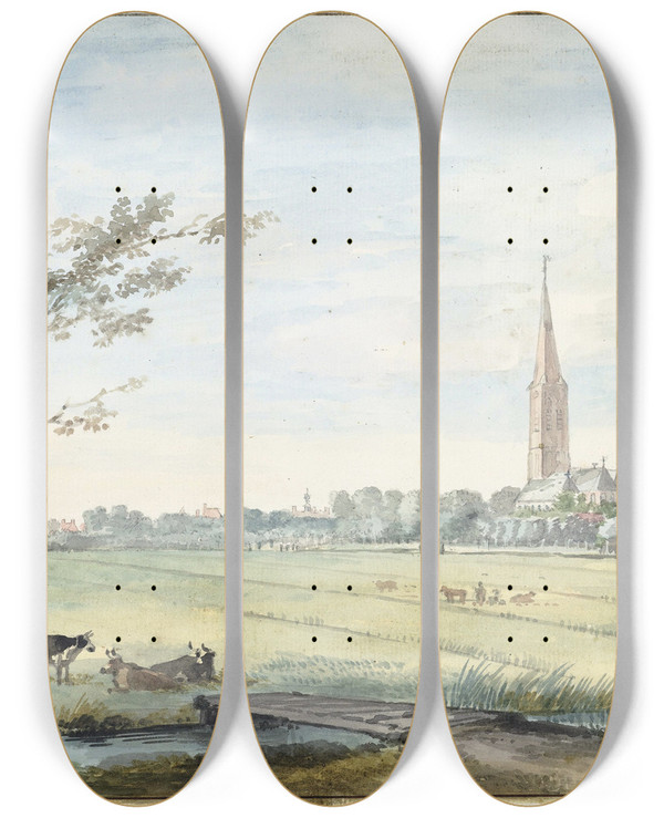Triptych art skateboard deck of Aert Schouman Het Dorp Sgravezande by Aert Schouman (1710-1792)