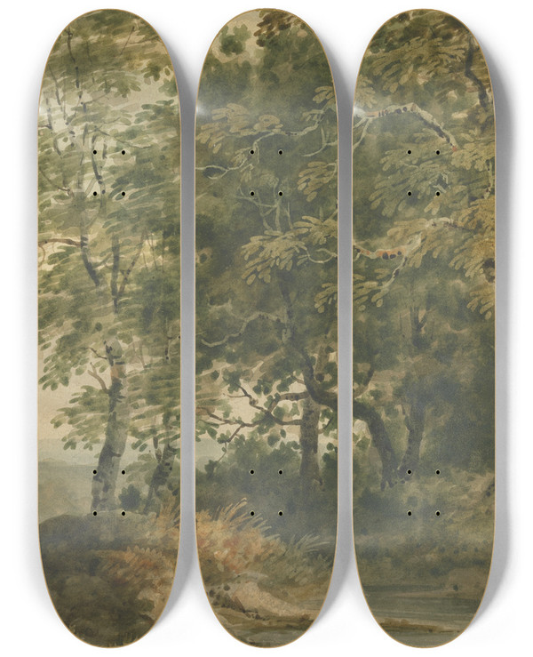 Triptych art skateboard deck of Thomas Barker Landscape With A Man Driving Sheep by Thomas Barker (1769-1847)
