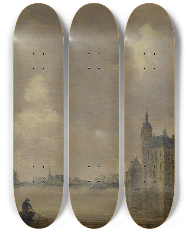 Triptych art skateboard deck of Jan Van Goyen A Castle By Ariver by Jan Van Goyen (1596-1656)