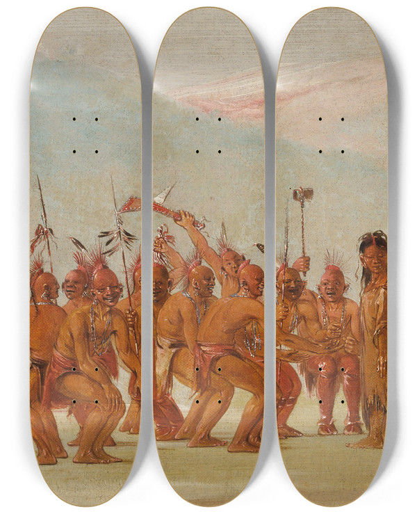 Triptych art skateboard deck of George Catlin Dance To The Berdash by George Catlin (1796-1872)