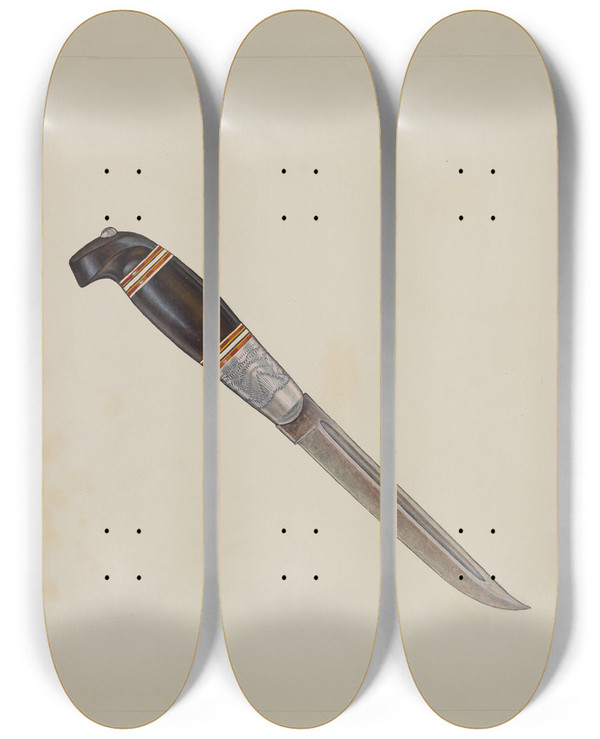 Triptych art skateboard deck of Cecil Smith Trappers Hunting Knife by Cecil Smith