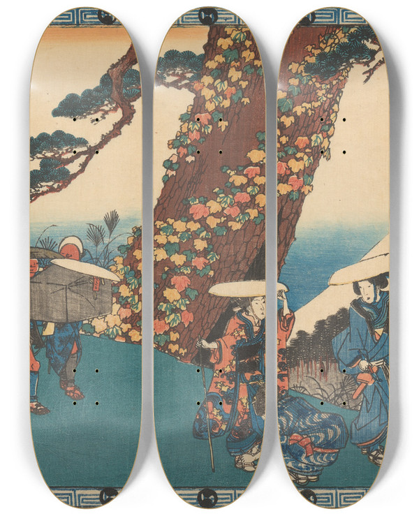 Triptych art skateboard deck of And Hiroshige Wedding Procession by Ando Hiroshige (1797-1858)