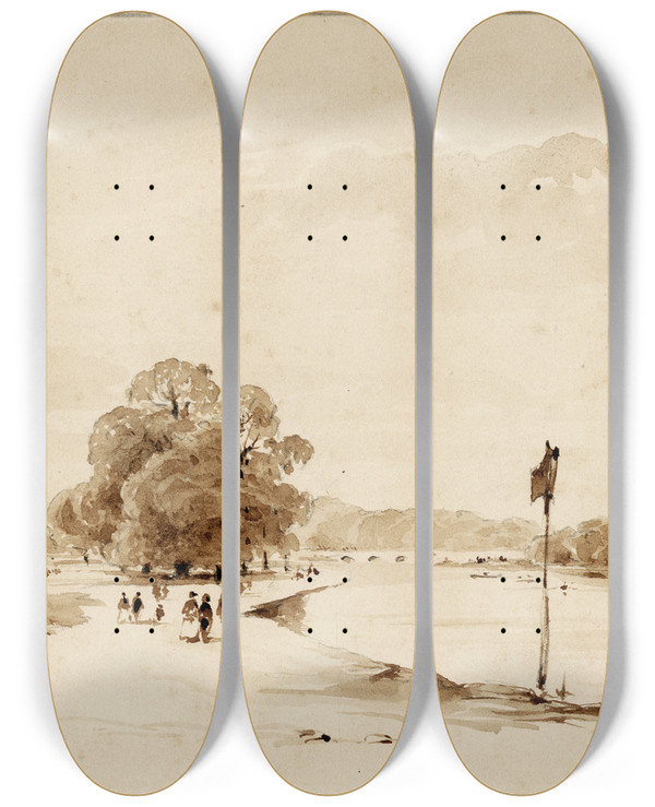 Triptych art skateboard deck of Pieter Van Loon Riviergezicht In Parklandschap by Pieter Van Loon (1801-1873)