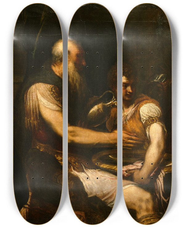 Triptych art skateboard deck of Andrea Schiavone Christ Before Pilate by Andrea Schiavone (1500-1563)