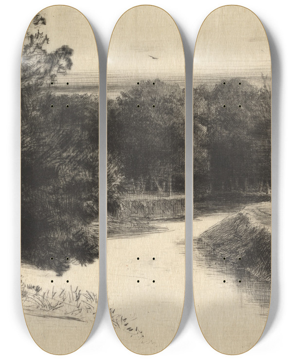 Triptych art skateboard deck of Francis Seymour Haden Sunset In Ireland by Francis Seymour Haden (1818-1910)