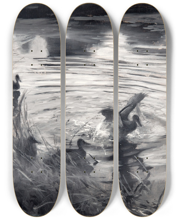 Triptych art skateboard deck of Bruno Liljefors Wild Ducks Among Reeds by Bruno Liljefors (1860-1939)