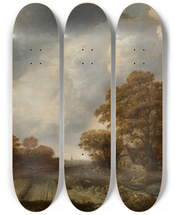 Triptych art skateboard deck of Cornelis Gerritsz Decker Landscape by Cornelis Gerritsz Decker (1618-1678)