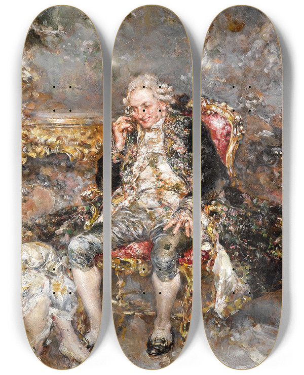 Triptych art skateboard deck of Juan Pablo Salinas Im Boudoir by Juan Pablo Salinas (1871-1946)