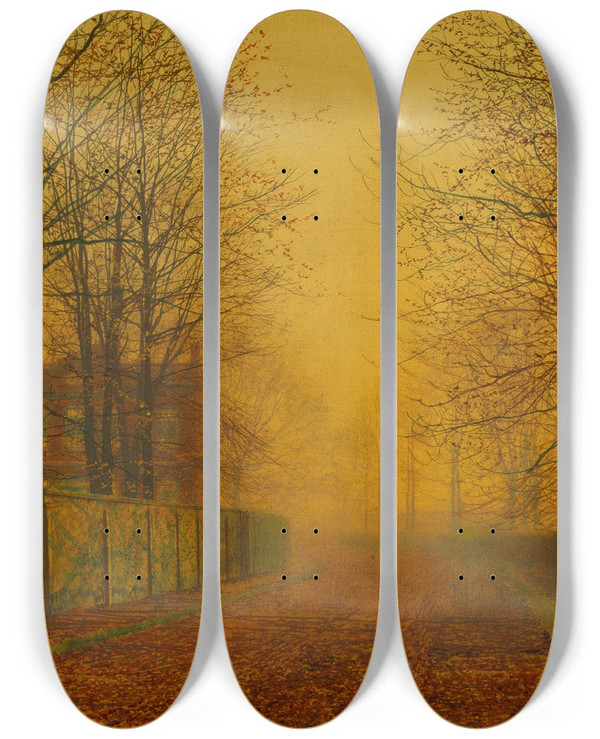 Triptych art skateboard deck of John Atkinson Grimshaw Evening Glow by John Atkinson Grimshaw (1836-1893)