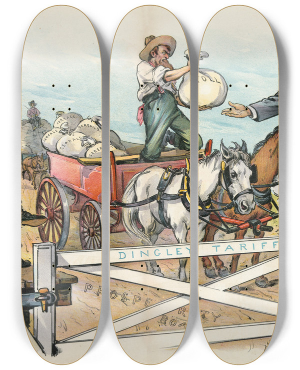 Triptych art skateboard deck of Udo Keppler The Keepers At The Gate by Udo Keppler (1872-1956)