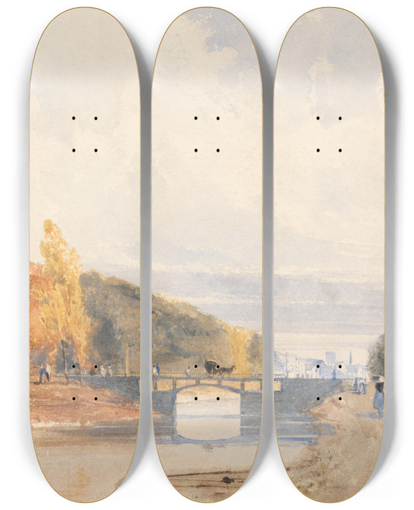 Triptych art skateboard deck of Thomas Shotter Boys Brussels From The Paris Road by Thomas Shotter Boys (1803-1874)