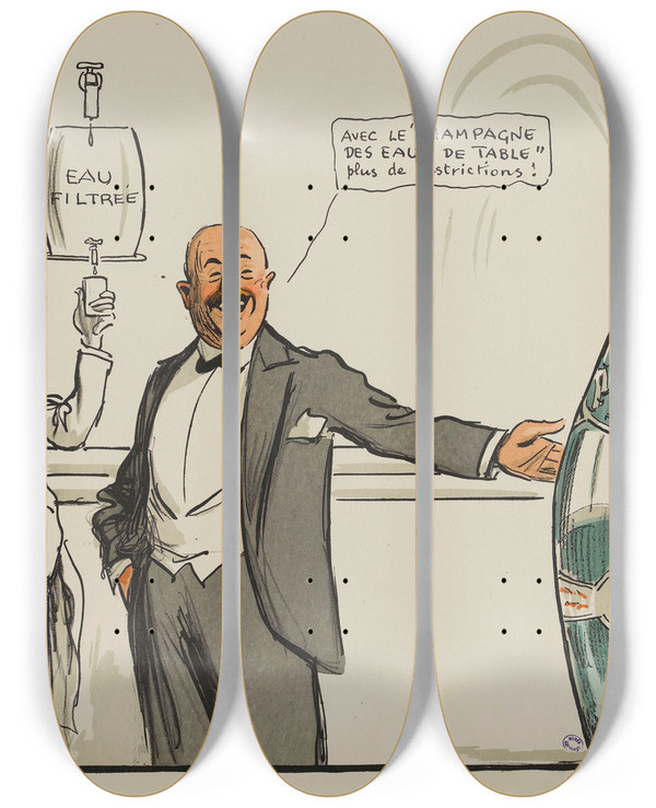 Triptych art skateboard deck of Georges Goursat Sem Avec Le Champagne Des Eaux De Table Plus De Restrictions by Georges Goursat (Sem) (1863-1934)