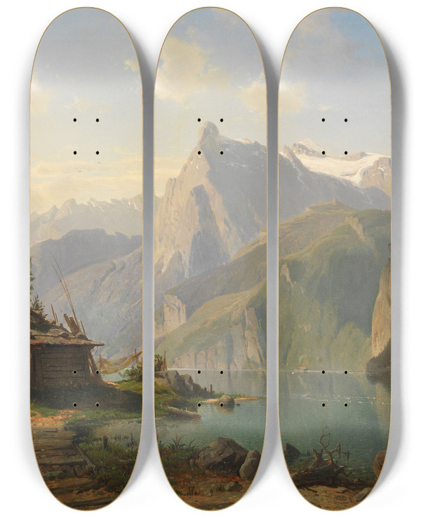 Triptych art skateboard deck of Johannes Bartholomus Duntze Am Vierwaldstttersee by Johannes Bartholomaus Duntze (1823-1895)