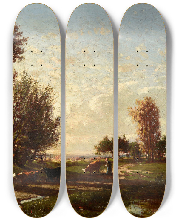 Triptych art skateboard deck of Mile Lambinet Paysage Avec Cours Deau_1 by mile Lambinet (1813-1877)