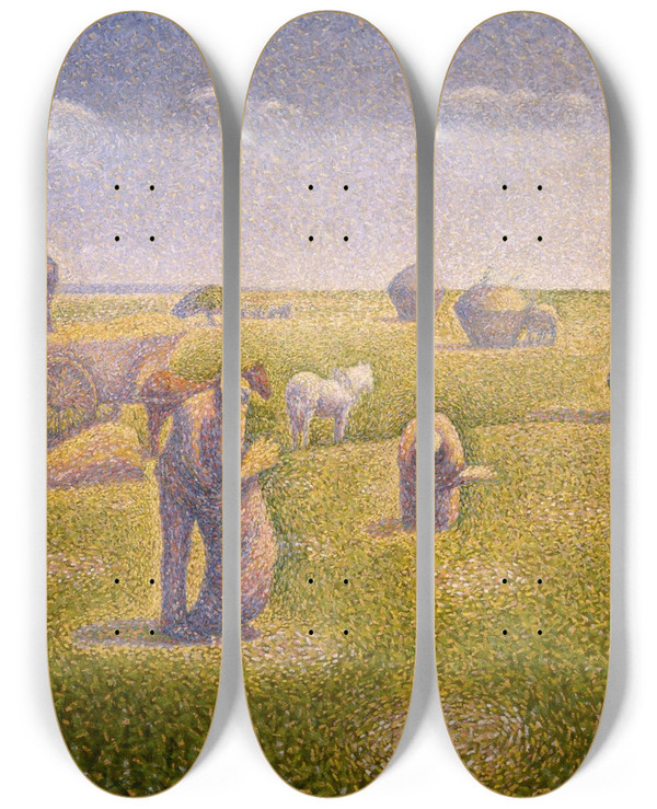 Triptych art skateboard deck of Charles Angrand The Harvesters by Charles Angrand (1854-1926)