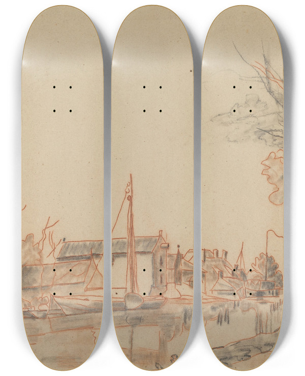 Triptych art skateboard deck of Johan Barthold Jongkind Bords De Canal by Johan Barthold Jongkind (1819-1891)