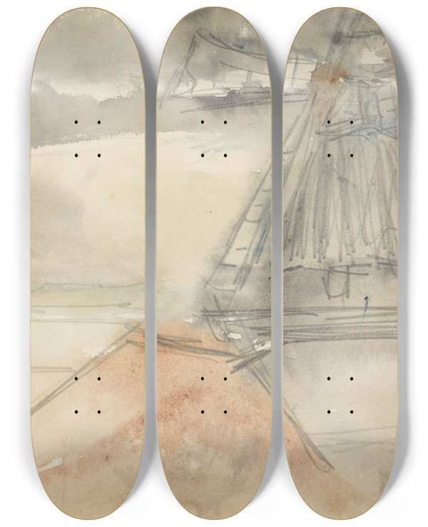 Triptych art skateboard deck of Jozef Israls Molen Bij Bewogen Lucht by Jozef Israels (1824-1911)