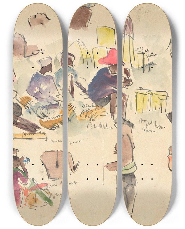 Triptych art skateboard deck of Pierre Jean Apol Inlandse Figuren by Pierre Jean Apol (1876-1947)