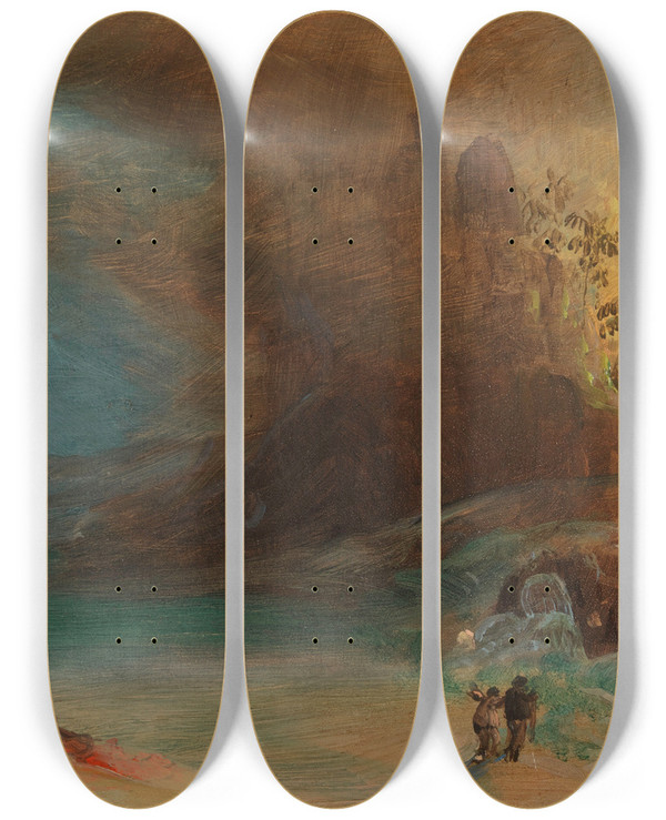Triptych art skateboard deck of Frederic Edwin Church Study For Apotheosis To Thomas Cole by Frederic Edwin Church (1826-1900)