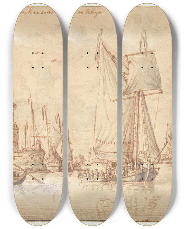 Triptych art skateboard deck of Abraham Storck Rhine Landscape With Castle And Ships by Abraham Storck (1644-1708)